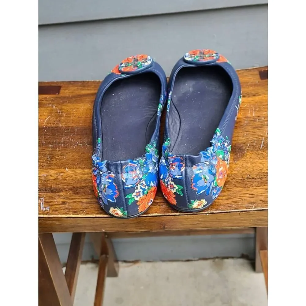 Tory Burch Navy and Red Floral Leather Ballet Flats size 8